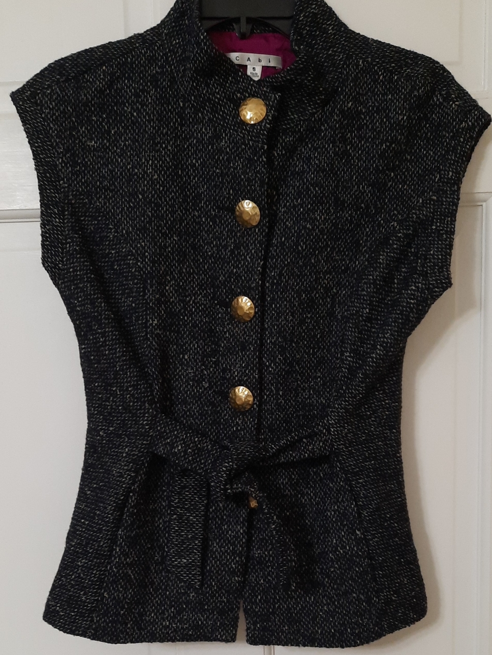 CAbi Black Tweed Vest with Gold Buttons and Waist Tie